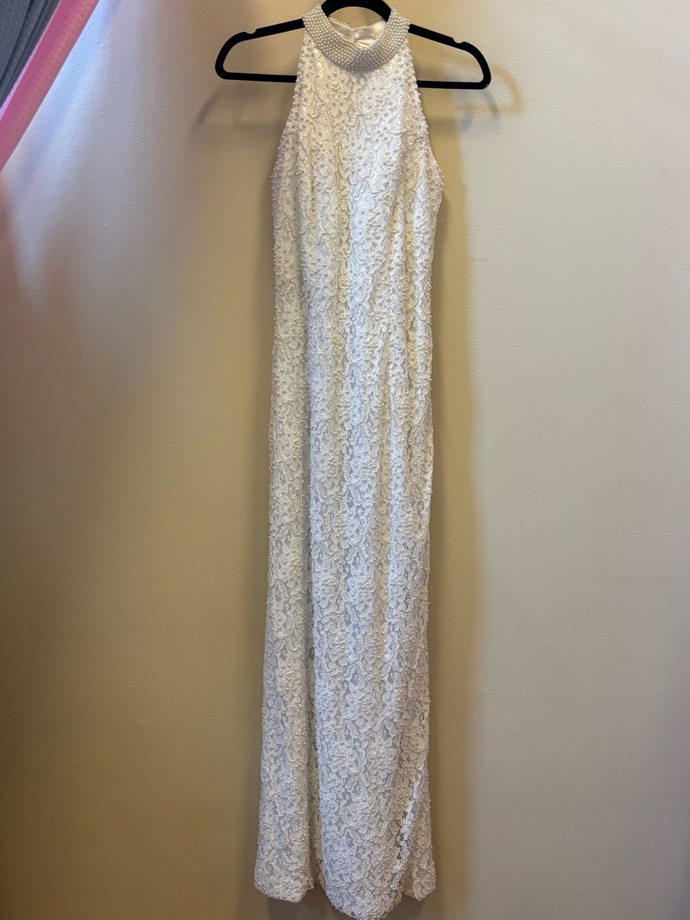 High-Neck White Lace Pearl Beaded Bridal Maxi Dress